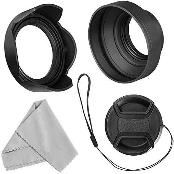 Veatree 52mm Lens Hood Set, Collapsible Rubber Lens Hood with Filter Thread   Reversible Tulip Flower Lens Hood   Center Pinch Lens Cap   Microfiber Lens Cleaning Cloth
