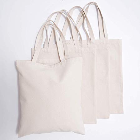 Natural Canvas Tote Bags - 4 pcs Reusable 24oz Shopping Bag DIY pattern for Crafting and Decorating Sturdy Washable Grocery Tote Bag (Beige)