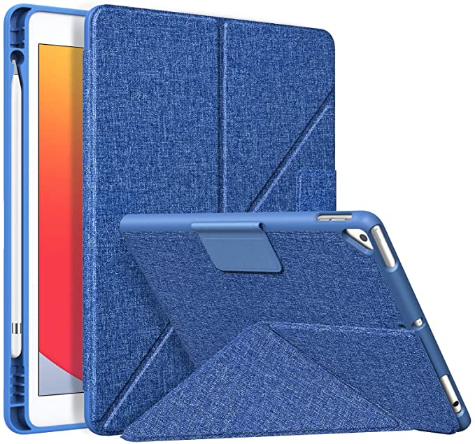 MoKo Case Fit iPad 8th Generation 2020/iPad 7th Gen 10.2-inch 2019/Air 3 10.5 2019, Origami Standing Shell Case with Pencil Holder, Multi Angle Magnetic TPU Back Cover Fit iPad 10.2 Inch, Denim Blue