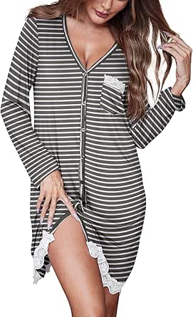 Ekouaer Women Striped Nightgowns Long Sleeve Button Down Sleepshirts Comfy Sleep Shirt S-3XL