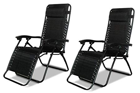 LIVIVO Zero Gravity Reclining and Folding Outdoor Garden Sun Lounger Chair with Adjustable Padded Headrests and Comfortable Textoline Fabric (Set of 2, Black)