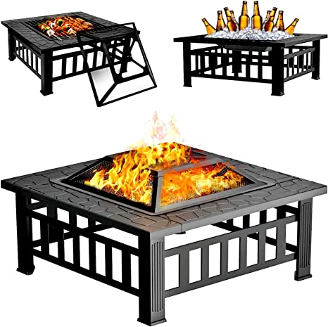 Fire Pits for Garden, Multifunctional 3 in 1 Bbq Fire Pits Table, Metal Square Outdoor Wood & Charcoal Burning Fire Pits With Mesh Screen Lid and Poker for Heating BBQ Bonfire Drink Cooling