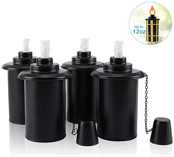 LANMU Torch Canisters,Bamboo Torch Refill Canister,Replacement Citronella Torch Fuel Canisters with Wicks and Covers, Outdoor Patio Torch for Luau Party,DIY Garden Torch Decor,12 Ounce (4 Pack)