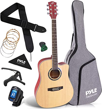 Beginner 41” Cutaway Acoustic Guitar - Standard Full Size 6 String Dreadnought Natural Matte Finish w/ Gig Bag, Tuner, Steel Strings, Picks, Strap, Capo, For Beginners/Adults - Pyle PGA480NT