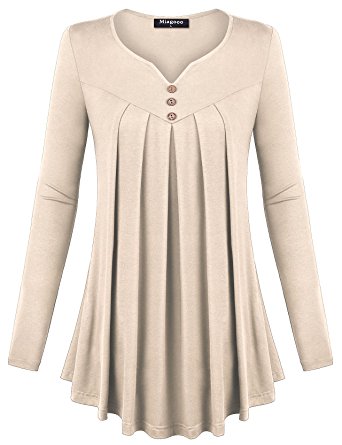 Miagooo Womens Long Sleeve Scoop Neck Pleated Front A Line Flare Hem Tunic Tops