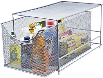 Sorbus Cabinet Organizer Drawer with Cover—Mesh Storage Organizer w/ Pull Out Drawers—Stackable, Ideal for Countertop, Cabinet, Pantry, Under the Sink, Desktop and More (Silver Bottom Drawer)