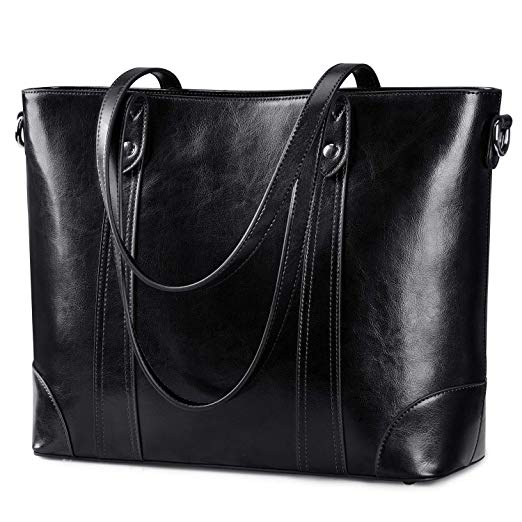 S-ZONE 15.6 Inch Leather Laptop Bag for Women Shoulder Handbag Large Work Tote