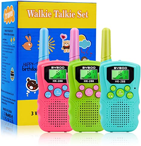 BYBOO Kids Walkie Talkies 3 Pack, 22 Channels 2 Way Radio Walky Talky Toys with Backlit LCD Flashlight, 3 Miles Range Best Gifts Toys for Boys & Girls Indoor Outdoor Activity