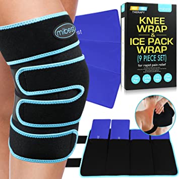 MIBEST Knee Wrap & Ice Pack Wrap (9 Piece Set) – 4 Ice Packs for Knee Pain Relief, Cold Therapy, Hot Therapy – Knee Brace with 3 Elastic Straps Used for Elbow, Shoulder, Hip, Lower Back, Men, Women