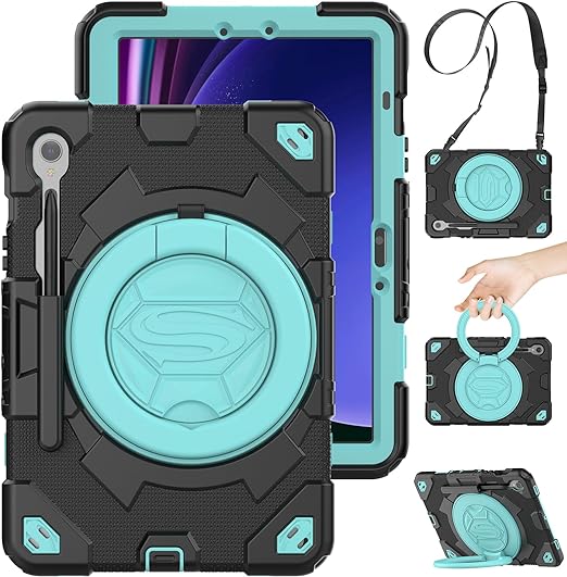 Timecity Case for Samsung Galaxy Tab S9 FE 5G 10.9 inch/Tab S9 11 inch Case 2023: Heavy Duty Rugged Protection Case with Screen Protector, Pen Holder, [360 Rotating Hand Grip] &Stand, SkyBlue Black