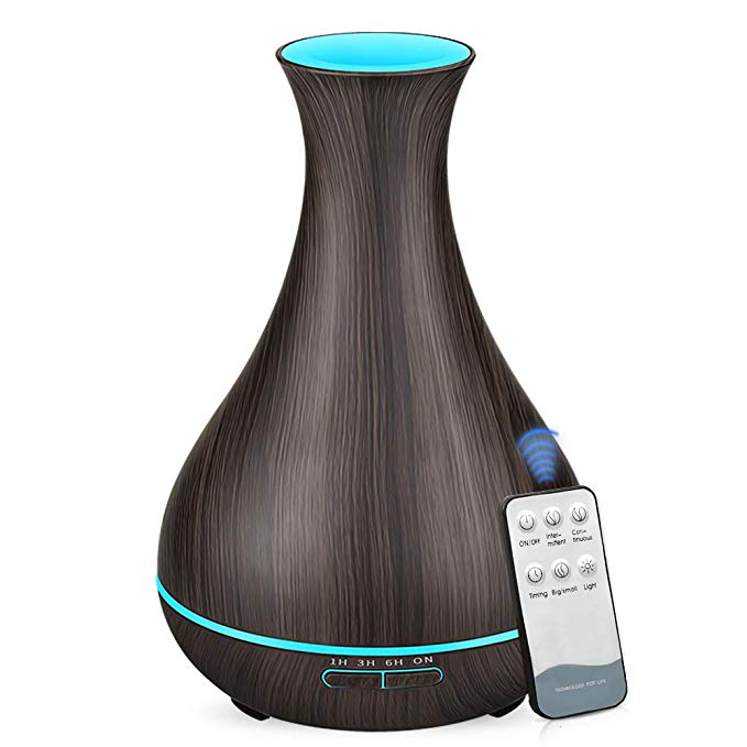 KBAYBO 550ml Aroma Diffuser Essential Oil Diffuser Ultrasonic Air Humidifier with Wood Grain 7-Color LED Night Light for Office Home Spa Yoga (Dark-Remote)