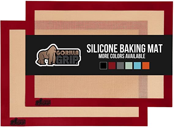 Gorilla Grip Nonstick, Heat Resistant, No Mess, Food Grade Ultra Thick Silicone Baking Mats, 2 Pack, No Greasing Needed, Great For Cookies and Pastry, Keep Oven Pans Clean, Half Sheet, Red