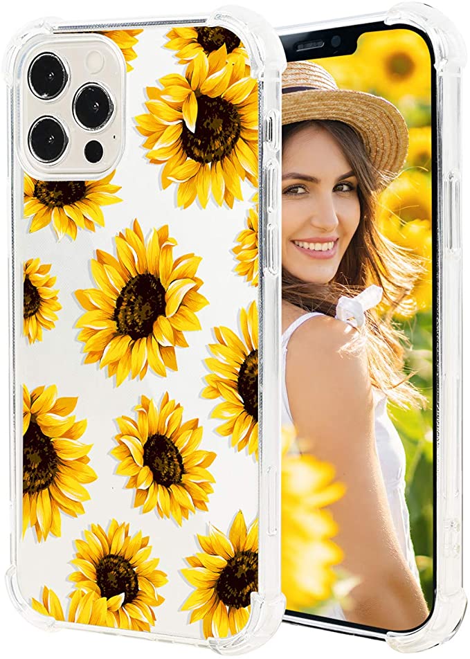 Hepix Clear Case Compatible with iPhone 12 Pro Max Sunflower Case 6.7 inch 2020, Yellow Flower Transparent Flexible Soft TPU Ultra-Thin Cover Floral Bumper Protective Anti-Scratch Camera Protection