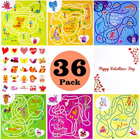 Valentine 36 Cards Maze Card Game with 72 Tattoos and 36 Envelopes Class Roommate Exchange Gifts (Maze Game)