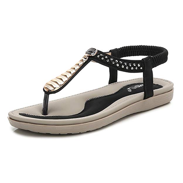 Wollanlily Womens Bohemia Flat Sandals Summer Beach Rhinestone Elastic T-Strap Flip-Flop Thong Shoes
