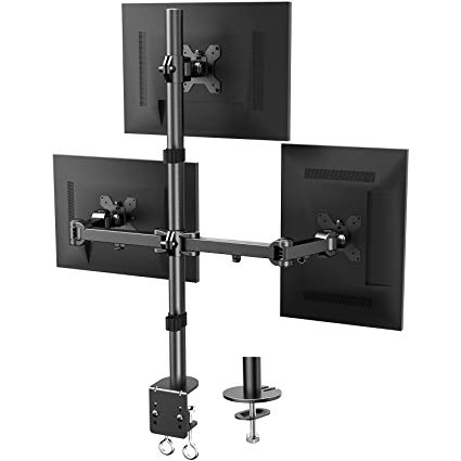 HUANUO Triple Monitor Stand - Free Standing Monitor Desk Mount Fully Adjustable for 3 Computer Screens up to 27 Inch Support Clamp, Grommet Mounting, Heavy Duty VESA Mount Hold up to 17.6lbs Each Arm