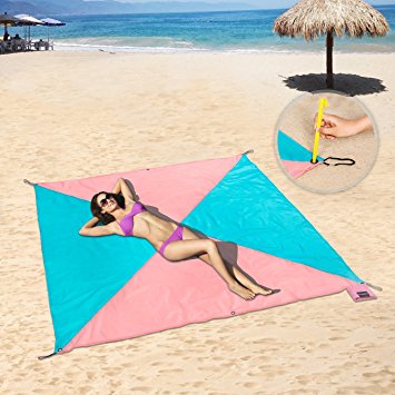 Pocket Blankets,Compact Picnic / Beach Blanket Sheet - XL Extra Large (83 x 83 Inches) for 4 - 6 people with 6 Ground Stakes