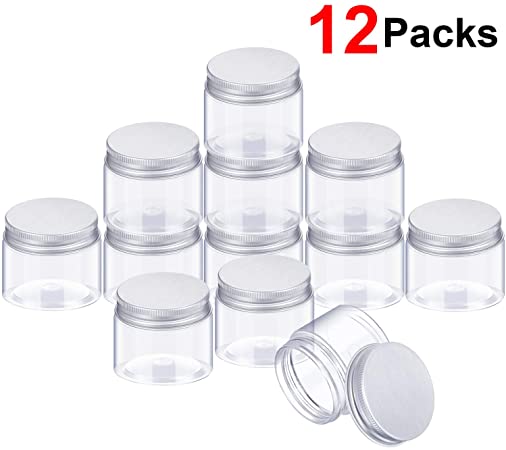 SATINIOR Empty 12 Pack Clear Plastic Slime Storage Favor Jars Wide-mouth Plastic Containers with Lids for Beauty Products, DIY Slime Making or Others Silver (2 oz)