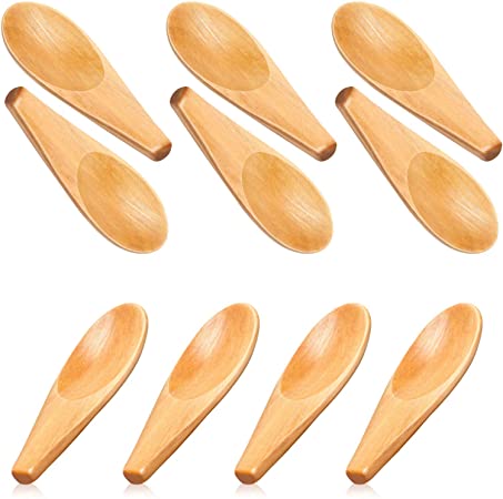 10 Pieces Wooden Scoop Solid Wood Condiment Spoon Mini Wood Salt Spoon with Short Handle for Loose Tea Leaves, Coffee Bean, Candy, Milk Powder, Spice, Ice Cream, Natural Color