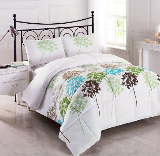 Cozy Beddings Allium 3-Piece Reversible Down Alternative Floral Comforter Set Queen WhiteCoffeeBlueGreyGreenSage