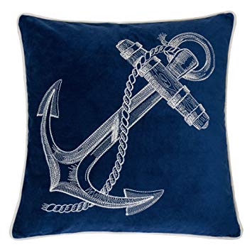 Homey Cozy Embroidery Navy Velvet Anchor Throw Pillow Cover,Ocean Blue Series Nautical Decorative Pillow Case Coastal Beach Theme Home Decor 20x20,Cover Only