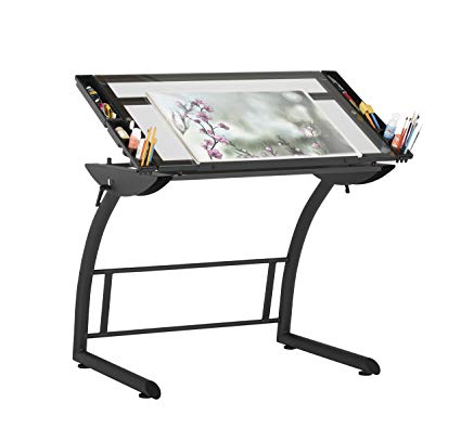 Studio Designs 10088 Triflex Drawing, Sit/Stand Up ADJ Desk, Charcoal/Clear Glass