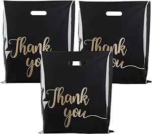 ZORRITA 100 Pack Thank You Merchandise Bags, 15 x 18 Inch Retail Shopping Bags for Business, Extra Thick Plastic Goodie Bags Gift Bags Bulk for Boutique Packaging Wholesale (Black)