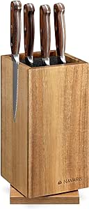 Navaris Wooden Kitchen Knife Block - Magnetic Universal Bristle Knife Holder Storage Stand - Acacia Wood Knife Block - Rotating Design, 25 x 12.5 cm