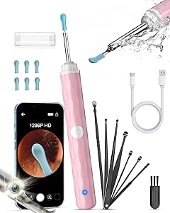 Ear Wax Removal Camera, Ear Cleaner 1296P HD Camera, Ear Cleaning Kit with 8pcs Ear Set, Wireless WiFi Otoscope with 6 Lights, Rechargeable Earwax Removal Tool Kit for Adult & Kid（Rosemary)