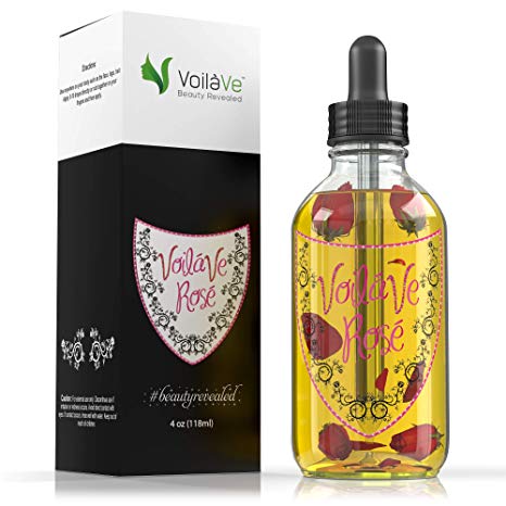 VoilaVe Rose Oil, Blend of 12 Organic and Natural Oils for Face, Hair, and Body, No Artificial Ingredients, Sensual Massage Oil, Pure and Natural Treatment for Reducing Wrinkles, Scars, Sunburn, Acne,
