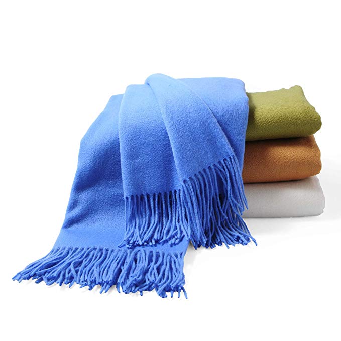 CUDDLE DREAMS Premium Cashmere Throw Blanket with Fringe, Luxuriously Soft (Porcelain Blue)