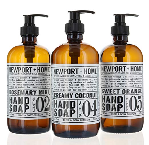 Set of 3, Newport Home Hand Soap Collection 16 FL/473ml each Infused With Coconut Essential Oils, Rosemary Mint, Creamy Coconut & Sweet Orange