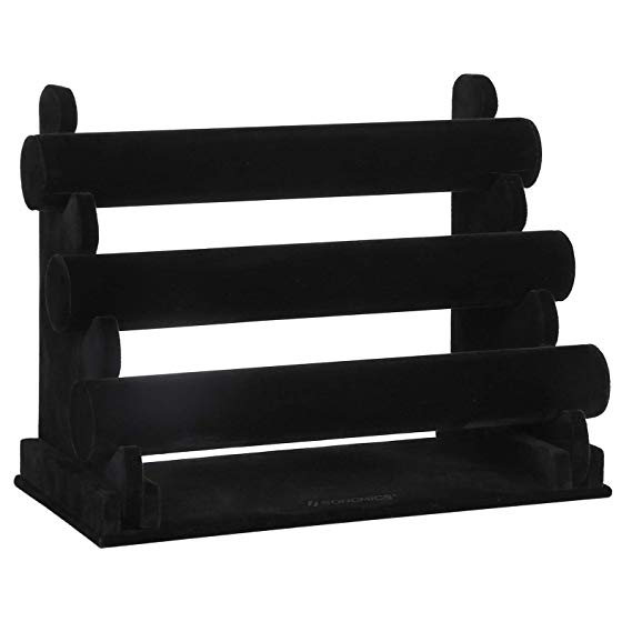 SONGMICS 3-Bar Velvet Bracelet Holder for Watch, Necklace, Jewelry Display Rack and Tangle Free Organizer Stand Black JDS008
