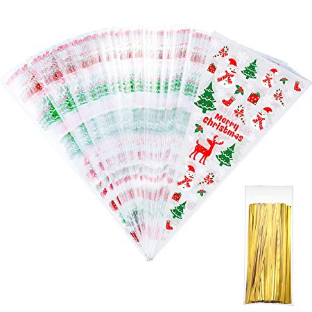 Tatuo 100 Counts Christmas Patterned Cone Cellophane Bags Treat Candy Bags with 100 Pieces Gold Twist Ties for Christmas Party Favor (Color C)