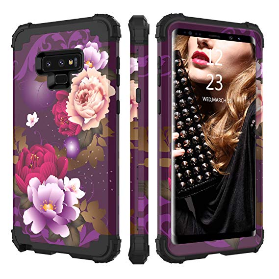 BENTOBEN Case for Samsung Note 9, 3 in 1 Hybrid Hard PC Soft Rubber Heavy Duty Rugged Bumper Shockproof Antislip Three Layers Full Body Protective Phone Cover for Galaxy Note 9, Purple Flower