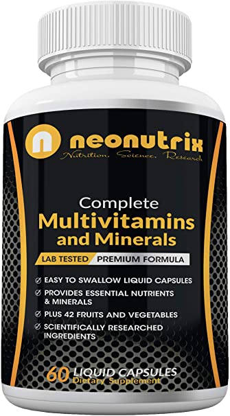 Multivitamin & Mineral Liquid Capsules with Full B Complex and 42 Greens, Fruits & Veggies Blend Daily Vitamins for Women and Men Dietary Supplement by Neonutrix 60 Liquid Capsules