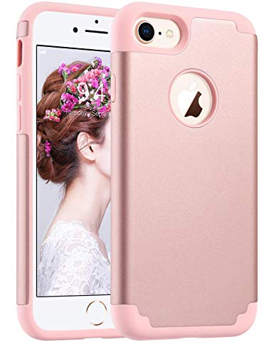 ULAK iPhone 7 Case, iPhone 8 Case, Slim Fit [ Dual Layer Series ] Soft Silicone & Hard Back Cover Bumper Protective Shock-Absorption & Skid-Proof Anti-Scratch Case for Girls Women, Rose Gold