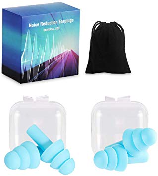 Ear Plugs Silicone Earplugs Waterproof Slicone Gel Noise Reduction Hearing Protection Comfortable Reusable Earplugs for Sleeping Snoring Swimming Shooting Airplanes with Travel Pouch -Blue (2 Pairs)