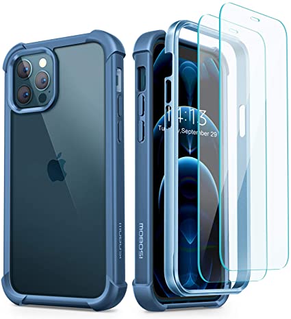 MOBOSI Compatible with iPhone 12 Case/iPhone 12 Pro Case, with [2 Tempered Glass Screen Protectors] Clear Bumper Case Full-Body Shockproof Drop Protective Phone Cover Case - Blue