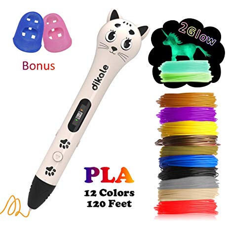 3D Pen with PLA Filament Refills - Dikale 05A【Kitten Shaped Deapesign】3D Drawing Printing Printer Pen Bonus 12 Colors 120 Feet PLA 250 Stencil eBook for Kids Adults (White)