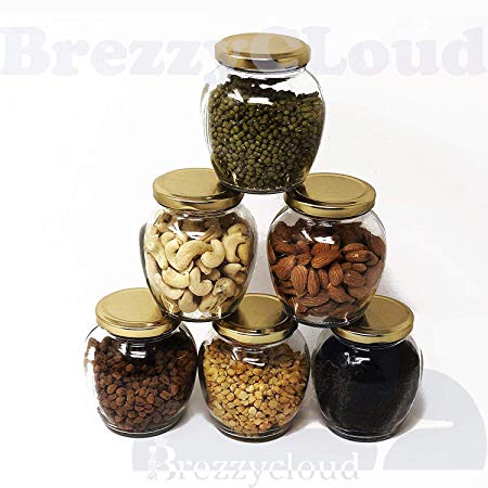 Brezzycloud Matka Shape Glass Jar and Container with Rust Proof Air Tight Lid (6, 400ml) Set of 6
