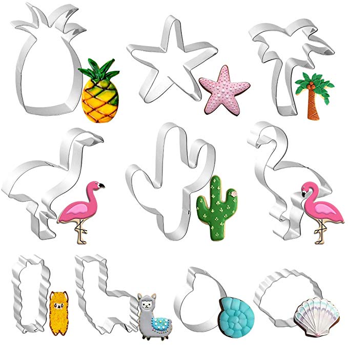 10 PCS Tropical Cookie Cutters Stainless Steel, Hawaiian Cutter Molds for Biscuit, Fondant, Fruit, Bread - Cactus, Llama, Flamingo, Palm Tree, Pineapple, Starfish, Sea Shell