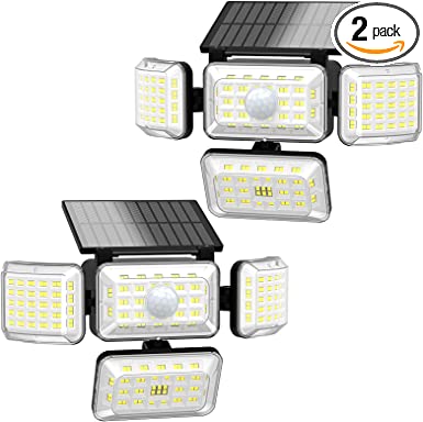 Solar Lights Outdoor, 250 LED 2500LM Security Motion Sensor Flood Light with 4 Adjustable Heads, IP67 Waterproof, 3 Modes & 300° Wide Angle Smart Outside Wall Light for Garden Pathway Garage, 2 Pack