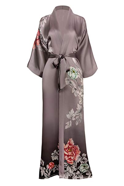 KIM ONO Women's Silk Kimono Robe Long - Floral Print