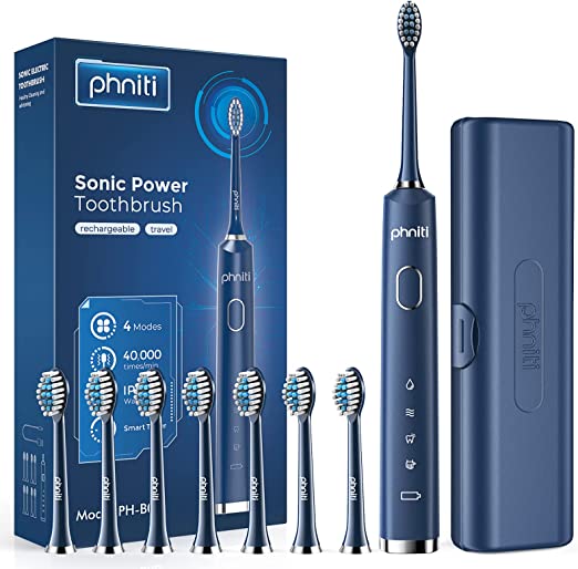 Phniti Sonic Electric Toothbrush, for Adults and Kids, Rechargeable Battery Toothbrush with Travel Case, 8 Replacement Duponts Brush Heads, 2 Mins Smart Timer