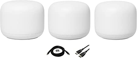 Google Nest WiFi - Mesh Router (AC2200 ) and 2 Nest Dual-Band Wi-Fi Access Points with Google Assistant | Whole Home Coverage | 2.4GHz | 5GHz | Wi-Fi Protected Access | Kwalicable 6FT HDMI Cable