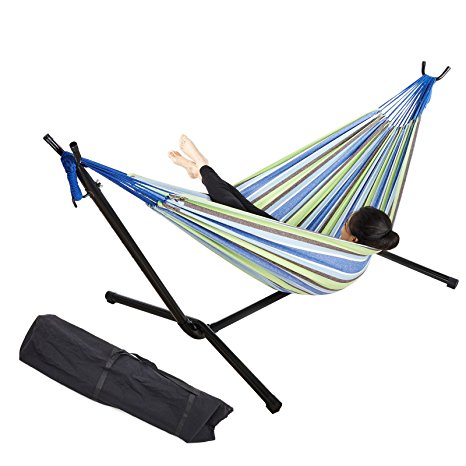 Pinty 76" x 57" Cotton Hammock with Steel Stand & Portable Carrying Bag Up to 450lbs (Blue&Green)