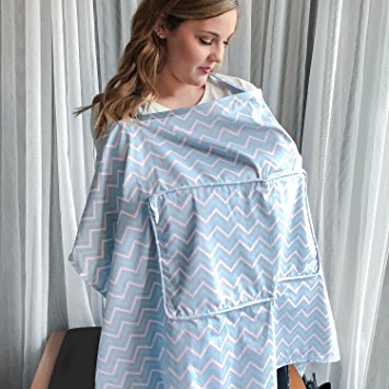 Nursing Cover for Breastfeeding, Baby Portable Breastfeeding Cover with Reinforced Neckline and Storage Pocket, Soft Cotton Breathable, Wide Full Coverage for Privacy by TILLYOU - Blue Gray Chevron