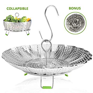 Vegetable Steamer Basket Stainless Steel Collapsible Steamer Insert for Steaming Veggie Food Seafood Cooking, Metal Handle Foldable Legs, Fit Various Pot Pressure Cooker (5.3" to 9")