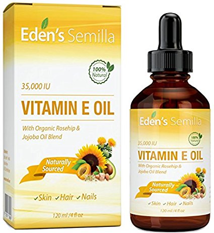 100% Natural Vitamin E Oil 35,000 IU + Organic Rosehip & Jojoba Blend - 4 OZ Bottle. FAST Absorbing Skin Protection For Face & Body. Pure Ingredients - Ideal For Sensitive Skin - Use Daily